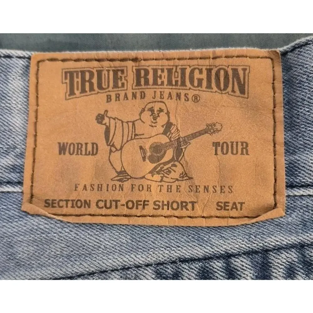 True Religion Mens 42 Denim Shorts Palm Tree Print Straight Cutoff Blue Jean